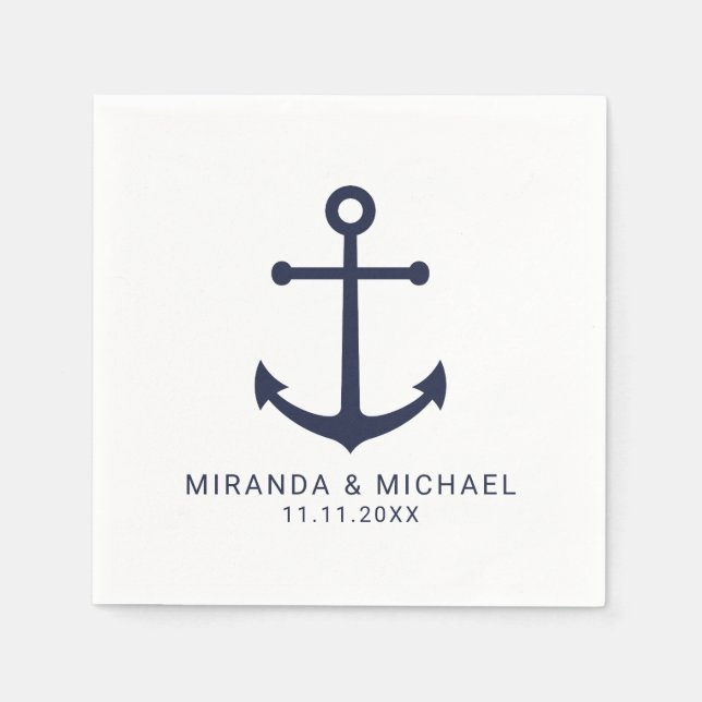 Modern Nautical Navy Blue Anchor Wedding Napkin (Front)