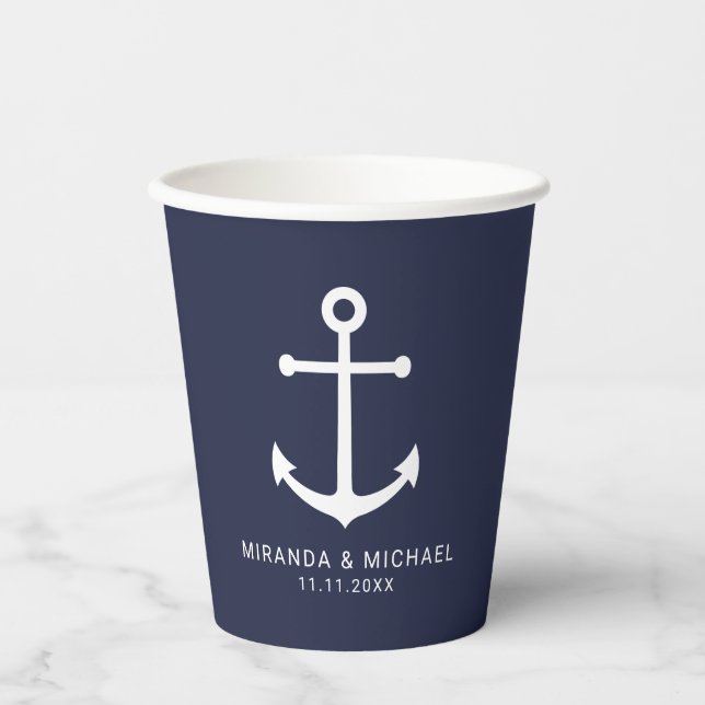 Modern Nautical Navy Blue Anchor Wedding Paper Cup (Front)