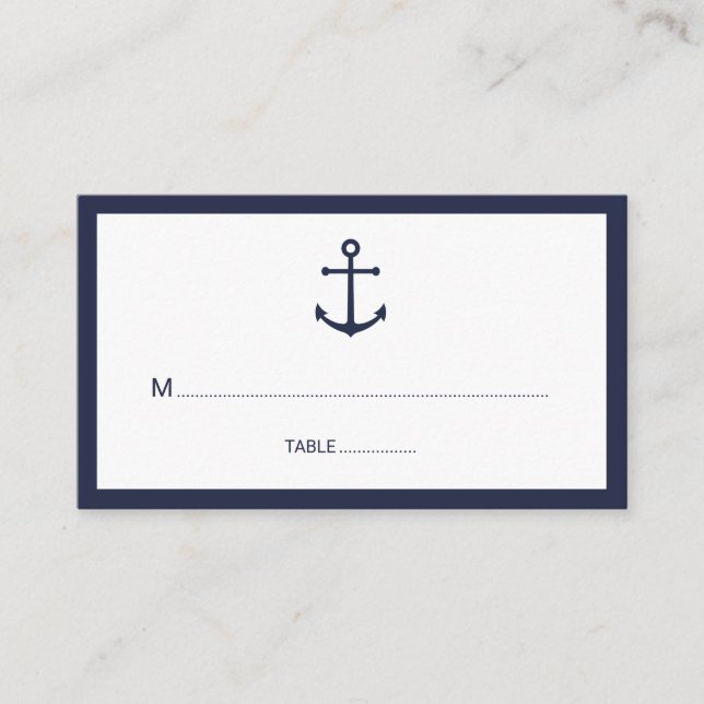 Modern Nautical Navy Blue Anchor Wedding Place Card (Front)