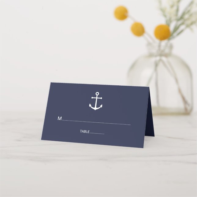 Modern Nautical Navy Blue Anchor Wedding Place Card (Front)