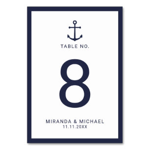 Modern Nautical Navy Blue Anchor Wedding Table Number