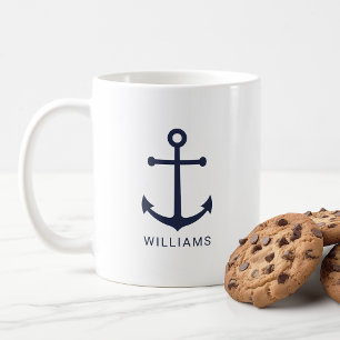 Modern Nautical Navy Blue Anchor with Custom Name Coffee Mug
