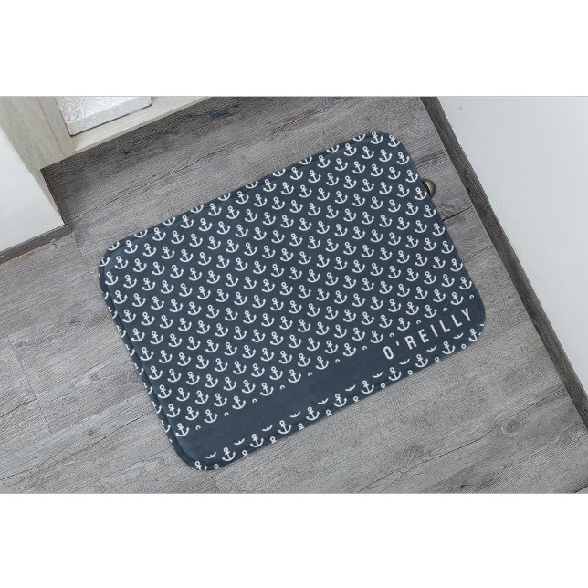 Modern Nautical Navy Blue and White Anchor Pattern Bath Mat (Creator Uploaded)