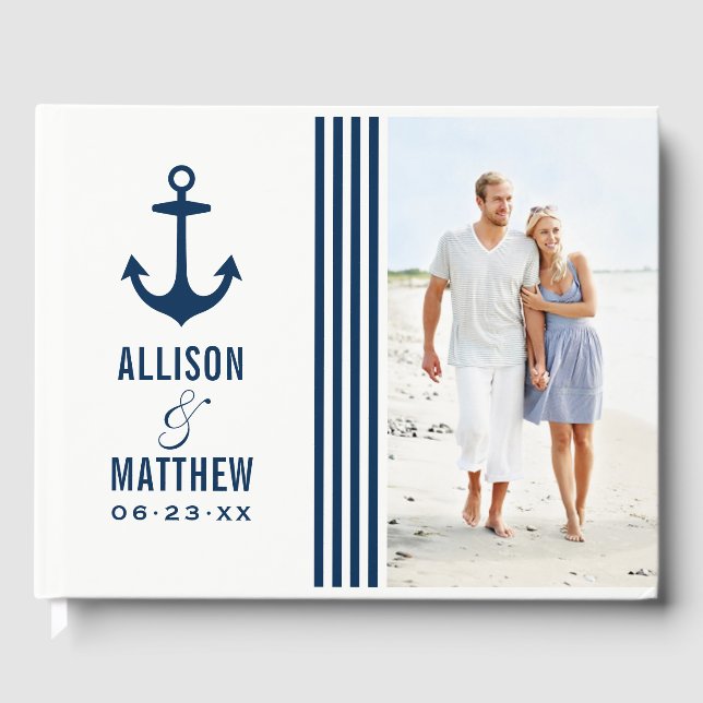 Modern Nautical Navy Blue and White Wedding Photo Guest Book (Front)