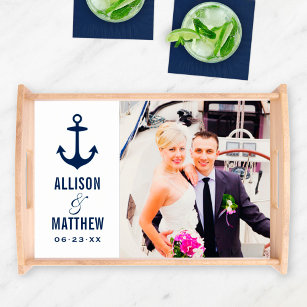 Modern Nautical Navy Blue and White Wedding Photo Serving Tray
