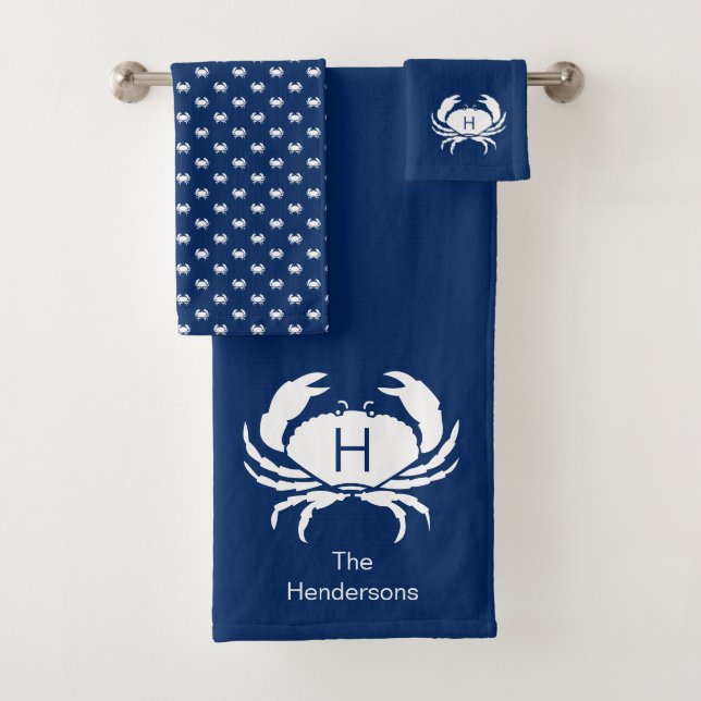 Modern Nautical Navy Blue Crab Monogram Name  Bath Towel Set (Insitu)