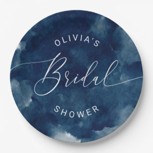 Modern Nautical Navy Blue Watercolor Bridal Shower Paper Plate