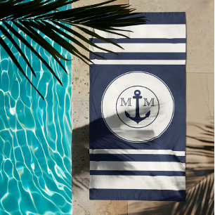 Modern Nautical Navy Blue White Stripes Monogram  Beach Towel