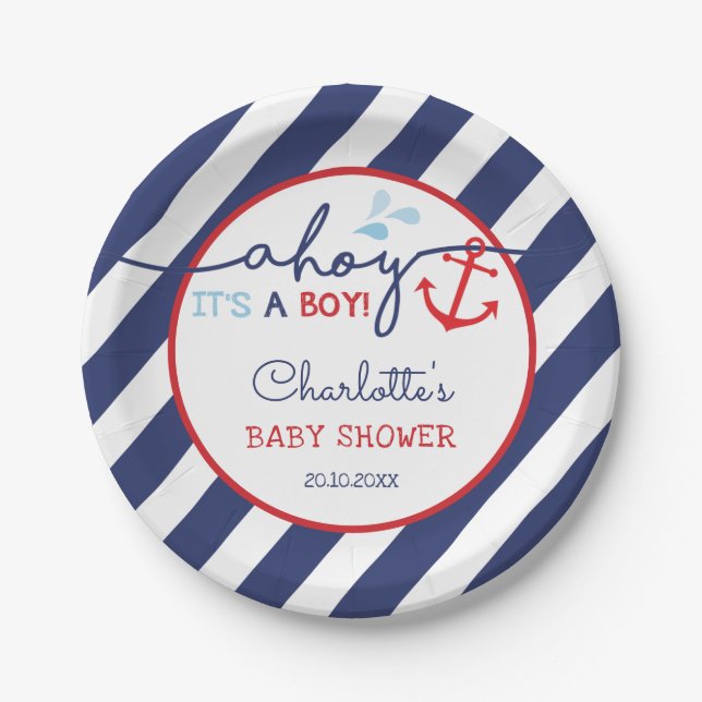 Modern Nautical Navy Red Anchor Ahoy Baby Boy Paper Plate (Front)