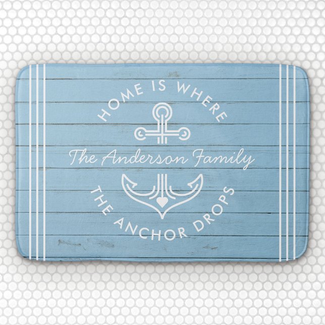 Modern Nautical Quote Custom Family Name Driftwood Bath Mat (Creator Uploaded)