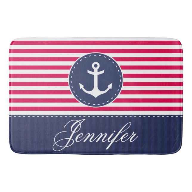 Modern Nautical Red Blue Anchor Personalised Bath Mat (Front)
