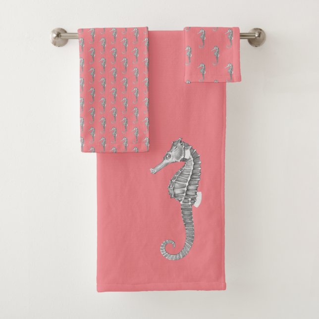 Modern Nautical Seahorse Bathroom Coral peach  Bath Towel Set (Insitu)