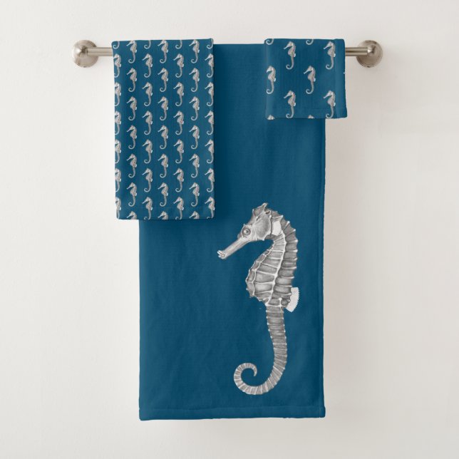 Modern Nautical Seahorse Bathroom Marine Grey Bath Bath Towel Set (Insitu)