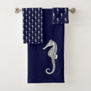 Modern Nautical Seahorse Bathroom  Navy Blue Grey Bath Towel Set