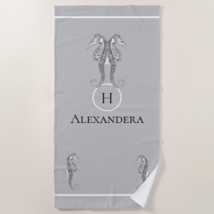 Modern Nautical Seahorse  Marine Grey Beach Towel