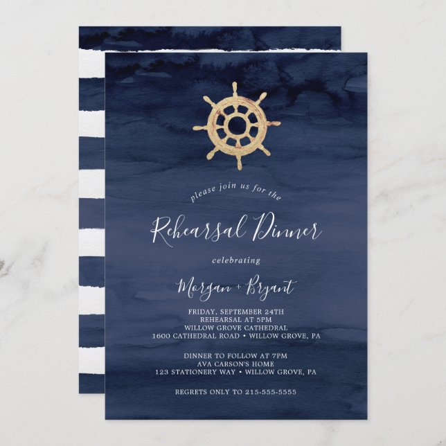 Modern Nautical | Ship Helm Rehearsal Dinner Invitation (Front/Back)