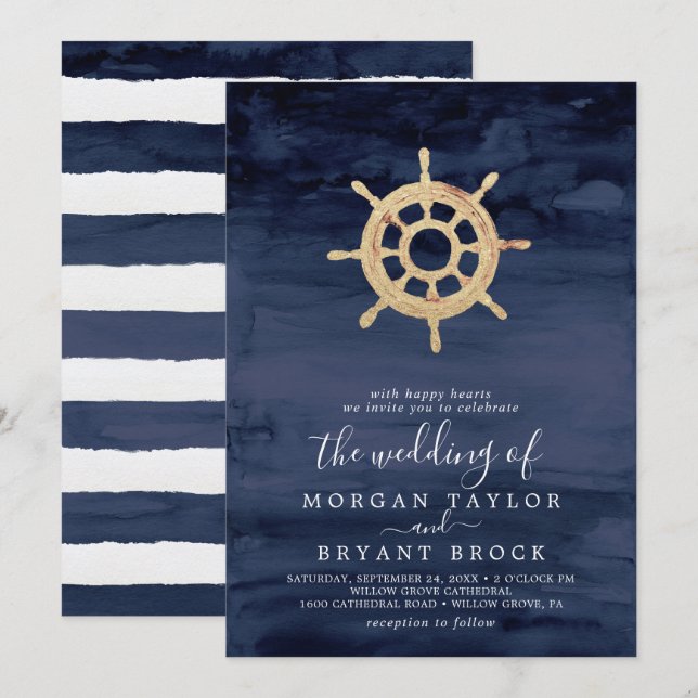 Modern Nautical | Ship Helm The Wedding Of Invitation (Front/Back)