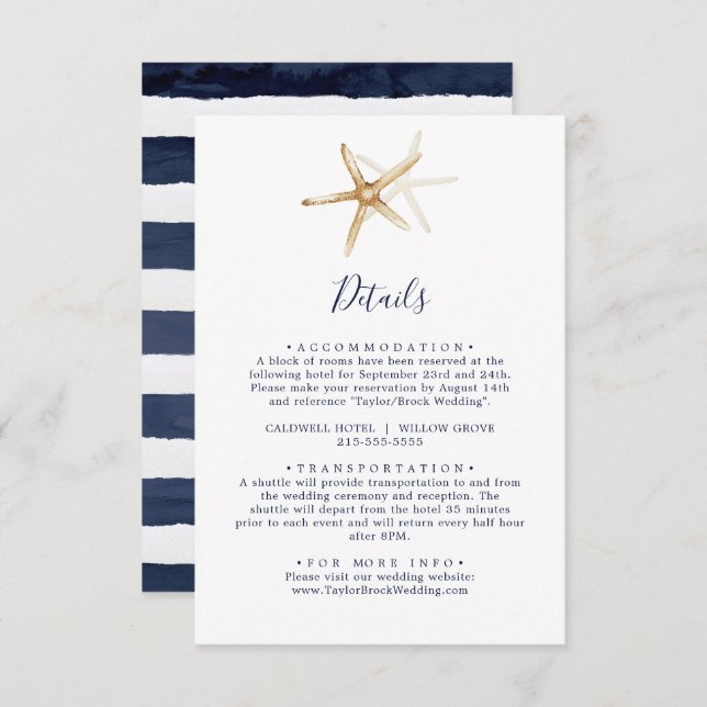 Modern Nautical | Starfish and Navy Stripe Details Enclosure Card (Front/Back)