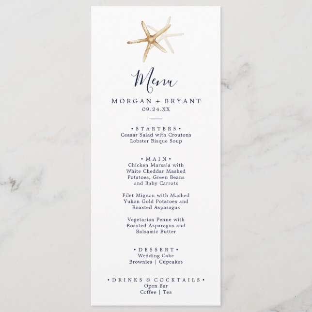 Modern Nautical | Starfish Wedding Dinner Menu (Front)