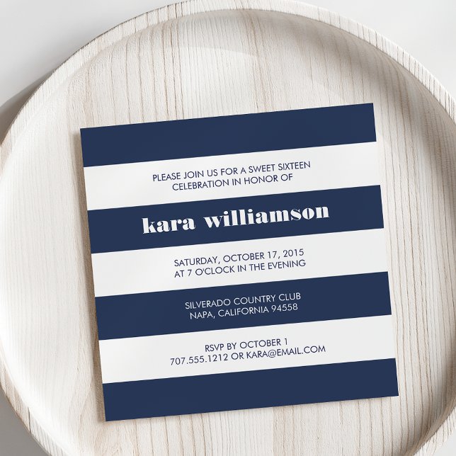 Modern Nautical Stripe Navy & White Sweet Sixteen Invitation (Creator Uploaded)