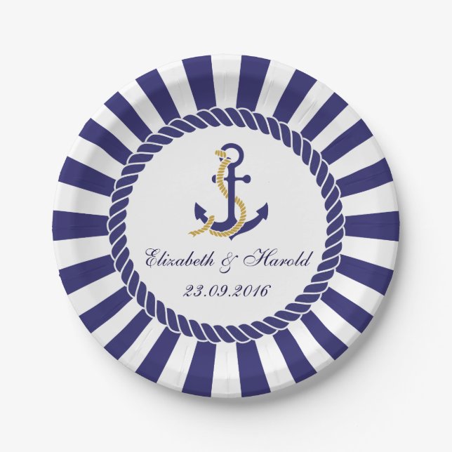 Modern Nautical Wedding Navy Blue White Stripes Paper Plate (Front)