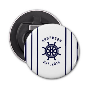 Modern Nautical Wheel And Navy Blue Striped Custom Bottle Opener