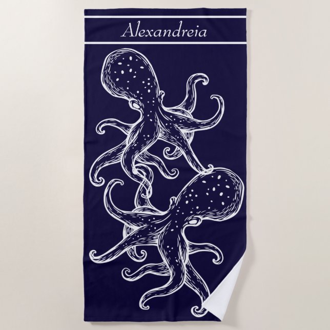 Modern Nautical White Octopus Navy Blue  Beach Towel (Front)