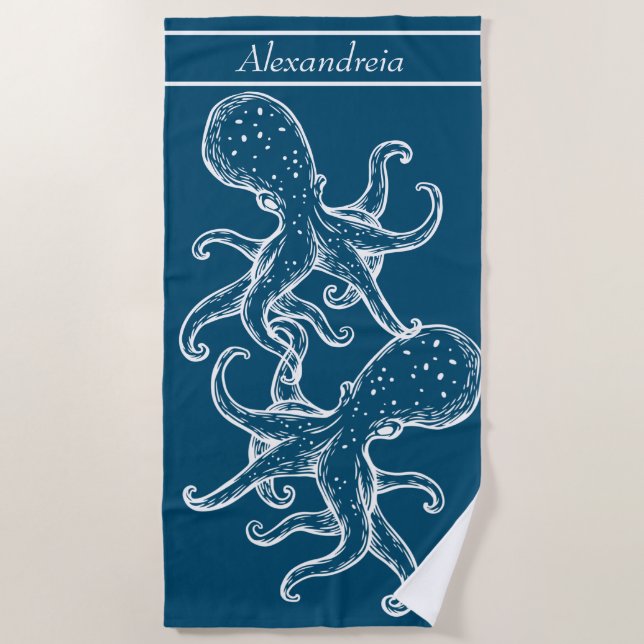 Modern Nautical White Octopus ocean blue Beach Towel (Front)