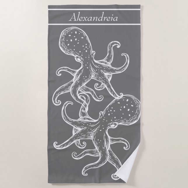 Modern Nautical White Octopus ocean grey Beach Towel (Front)