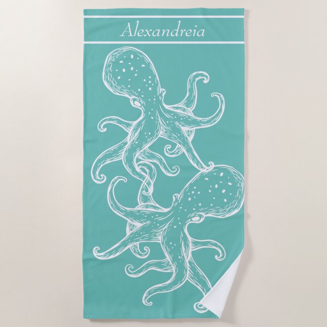Modern Nautical White Octopus ocean Teal Blue Beach Towel (Front)