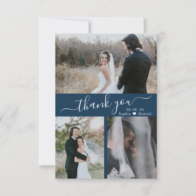 Modern Navy 3 Photo Collage Wedding Thank You  Card (Front)