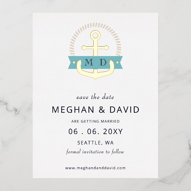 Modern Navy Anchor Nautical Monogram save the date Foil Invitation Postcard (Front)