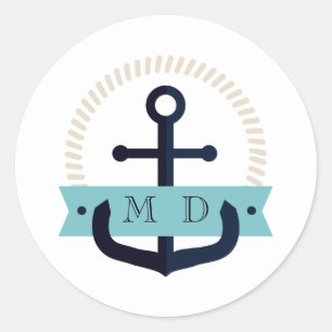 Modern Navy Anchor Nautical Monogram Wedding Class Classic Round Sticker