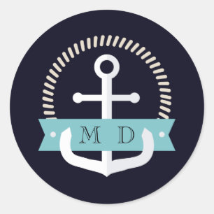 Modern Navy Anchor Nautical Monogram Wedding Classic Round Sticker