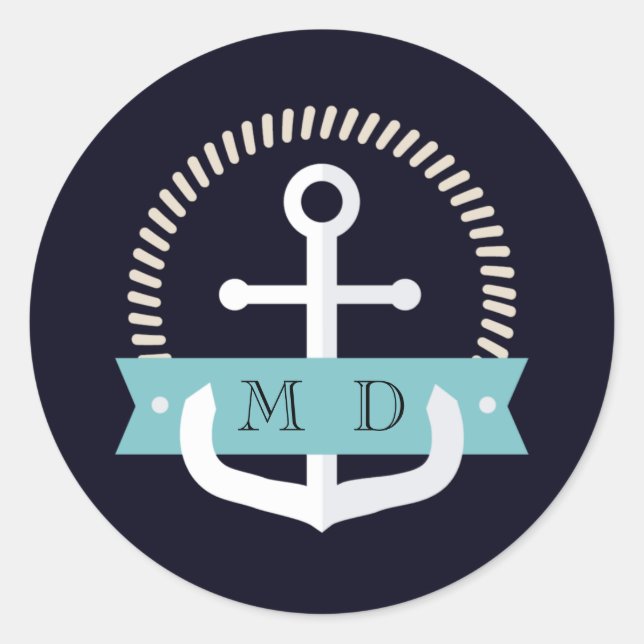 Modern Navy Anchor Nautical Monogram Wedding Classic Round Sticker (Front)