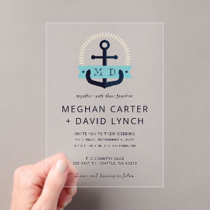 Modern Navy Anchor Nautical Monogram Wedding Invit Acrylic Invitations