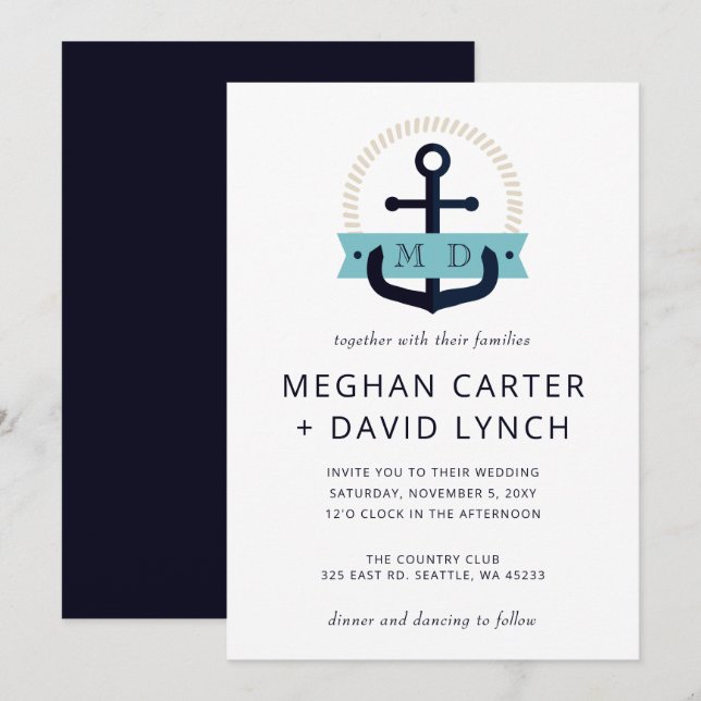 Modern Navy Anchor Nautical Monogram Wedding Invit Invitation (Front/Back)