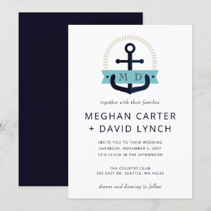 Modern Navy Anchor Nautical Monogram Wedding Invit Invitation