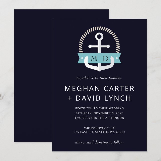 Modern Navy Anchor Nautical Monogram Wedding Invitation (Front/Back)