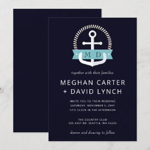 Modern Navy Anchor Nautical Monogram Wedding Invitation