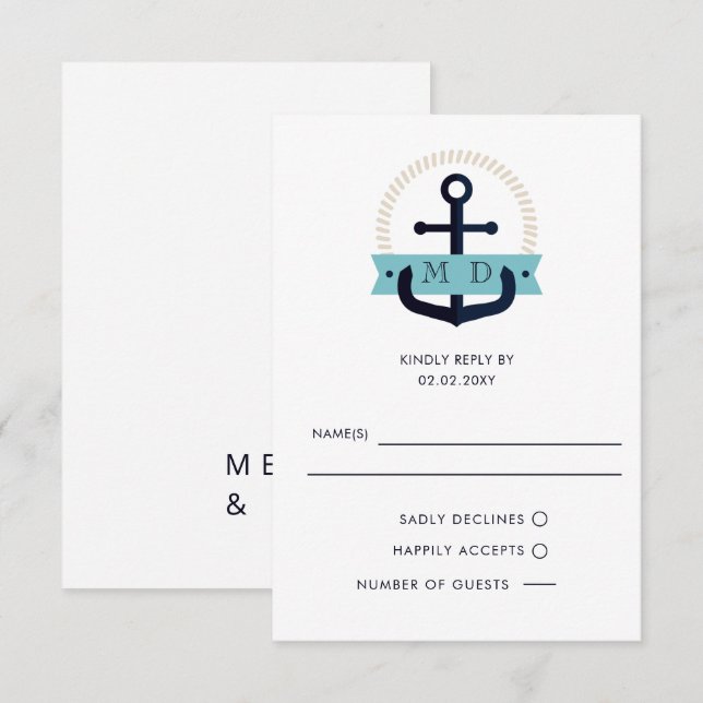 Modern Navy Anchor Nautical Monogram Wedding RSVP  (Front/Back)