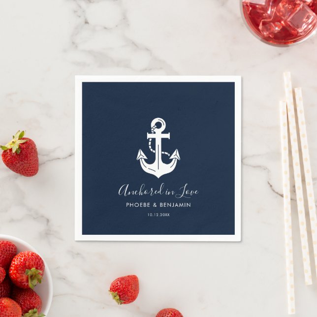 Modern Navy Anchor Wedding Personalised Name Napkin (Insitu)