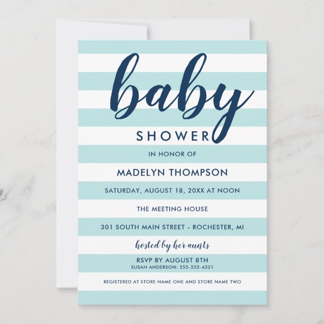 Modern Navy and Aqua Blue Stripes Baby Boy Shower Invitation (Front)