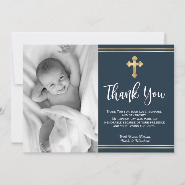 Modern Navy and Gold Blue Baptism Thank You Cards (Front)