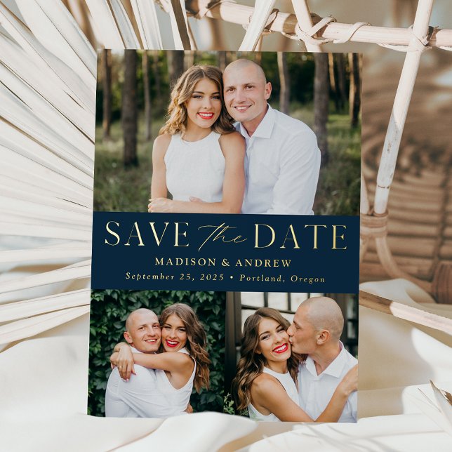 Modern Navy and Gold Foil 3 Photo Save the Date (Creator Uploaded)