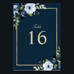 modern navy and gold wedding table number<br><div class="desc">navy and gold theme,  modern navy and light blue floral wedding table number.</div>