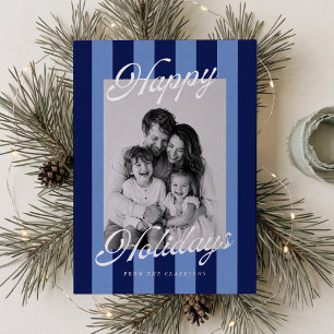 Modern Navy and Periwinkle Striped Happy Holidays  Foil Holiday Card
