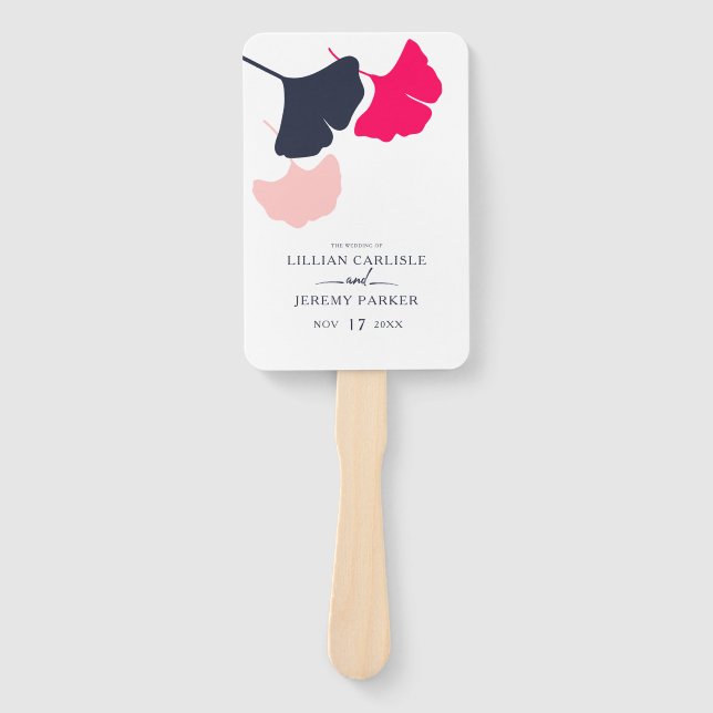 Modern Navy and Pink Ginkgo Leaves Wedding Program Hand Fan (Front)