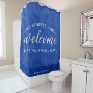 Modern Navy and Silver Personalised Name Shower Curtain
