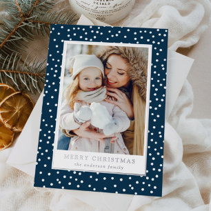Modern Navy and White Snowballs 2 Photo Foil Holiday Card